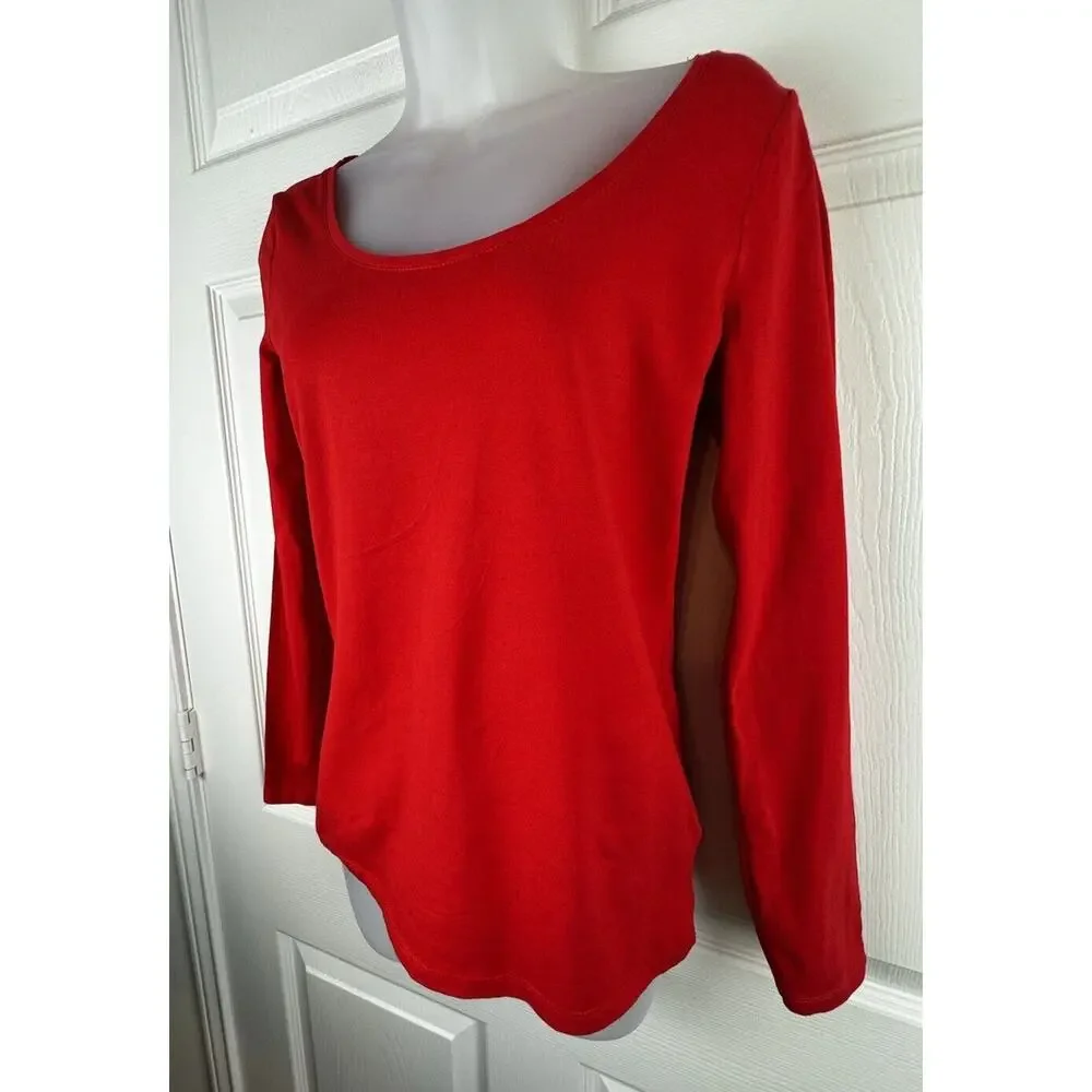 H&M Scooped Neck Top Long Sleeves Red M Casual Minimalist 50-08 - Picture 12 of 15